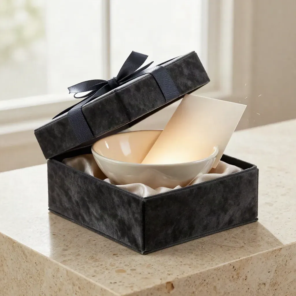 Open charcoal velvet gift boxes with satin lining, ceramic bowl, and paper fibres on pale travertine.