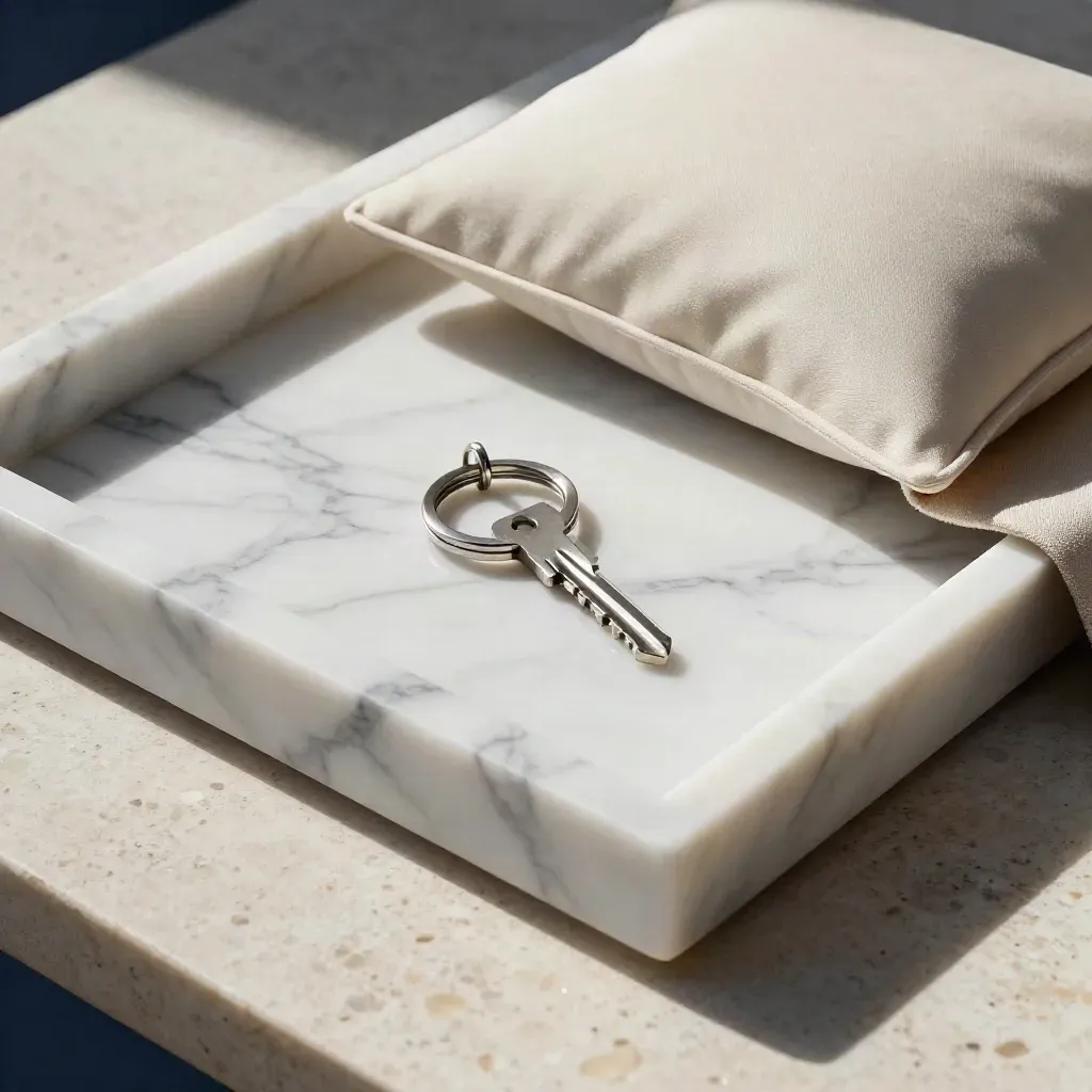 Marble tray with key ring, watch cushion and cashmere edge on travertine, lit from above