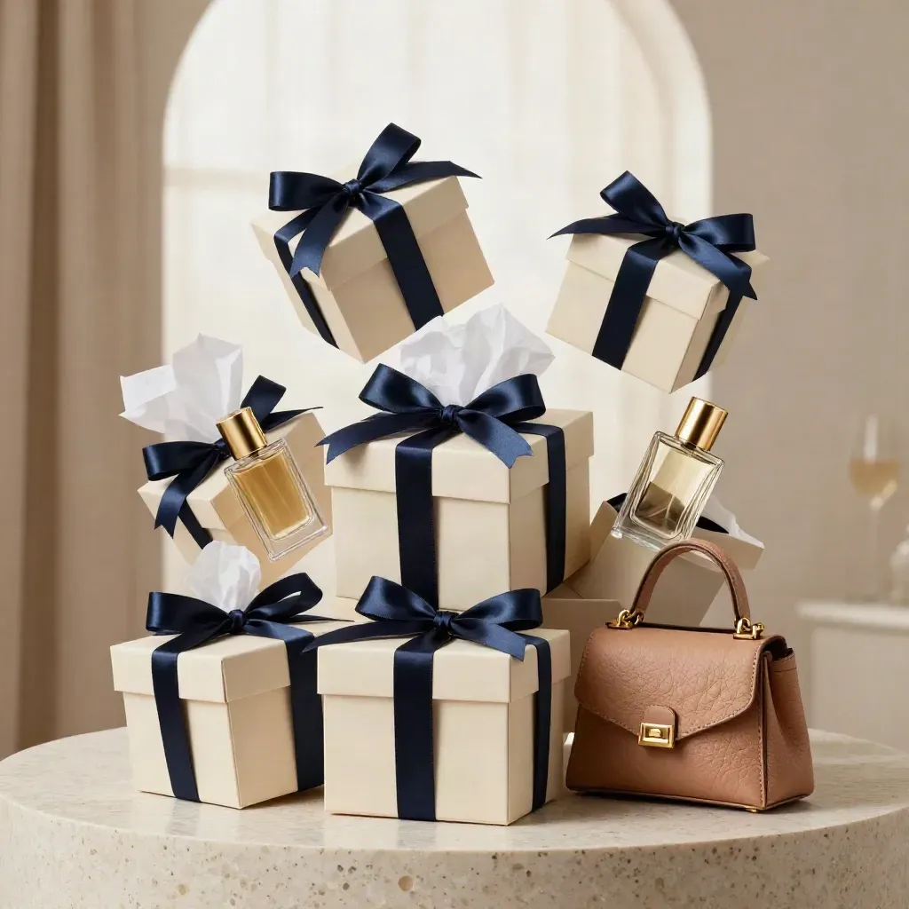 Luxury gift boxes, fragrance vials and handbag corners on a creamy stone pedestal with navy ribbon.