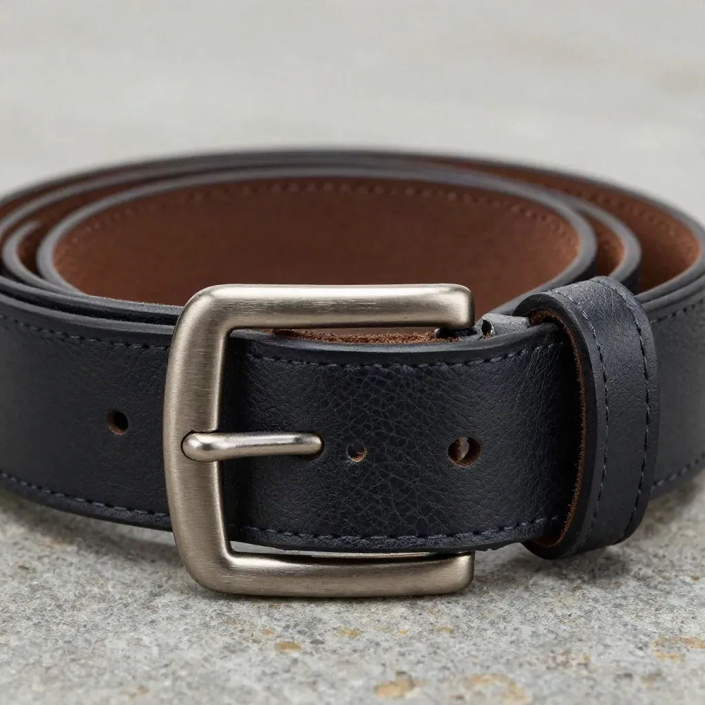 Extreme macro of a wide-grain leather belt curled around a brushed buckle on a stone block.