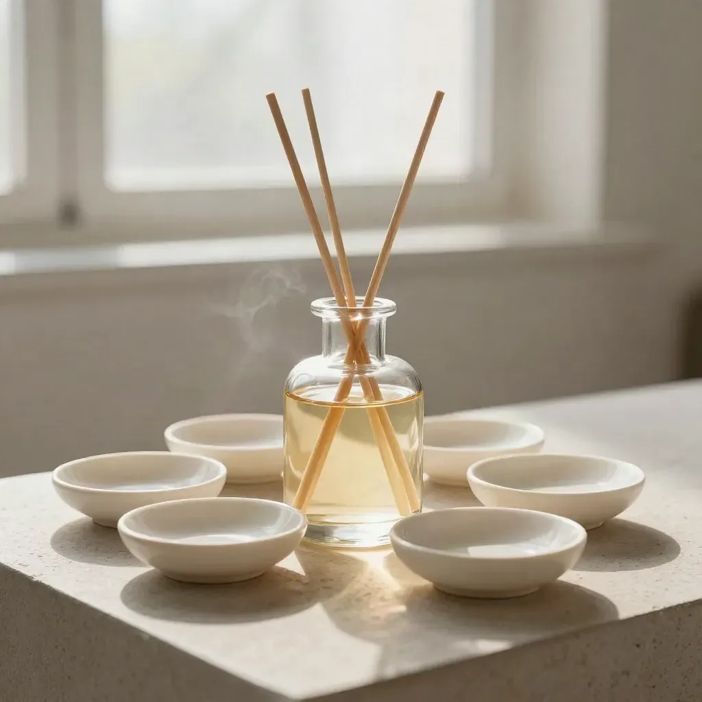 Cedar diffuser refill bottle with fanned reeds and ivory ceramic dish on a bright studio plinth