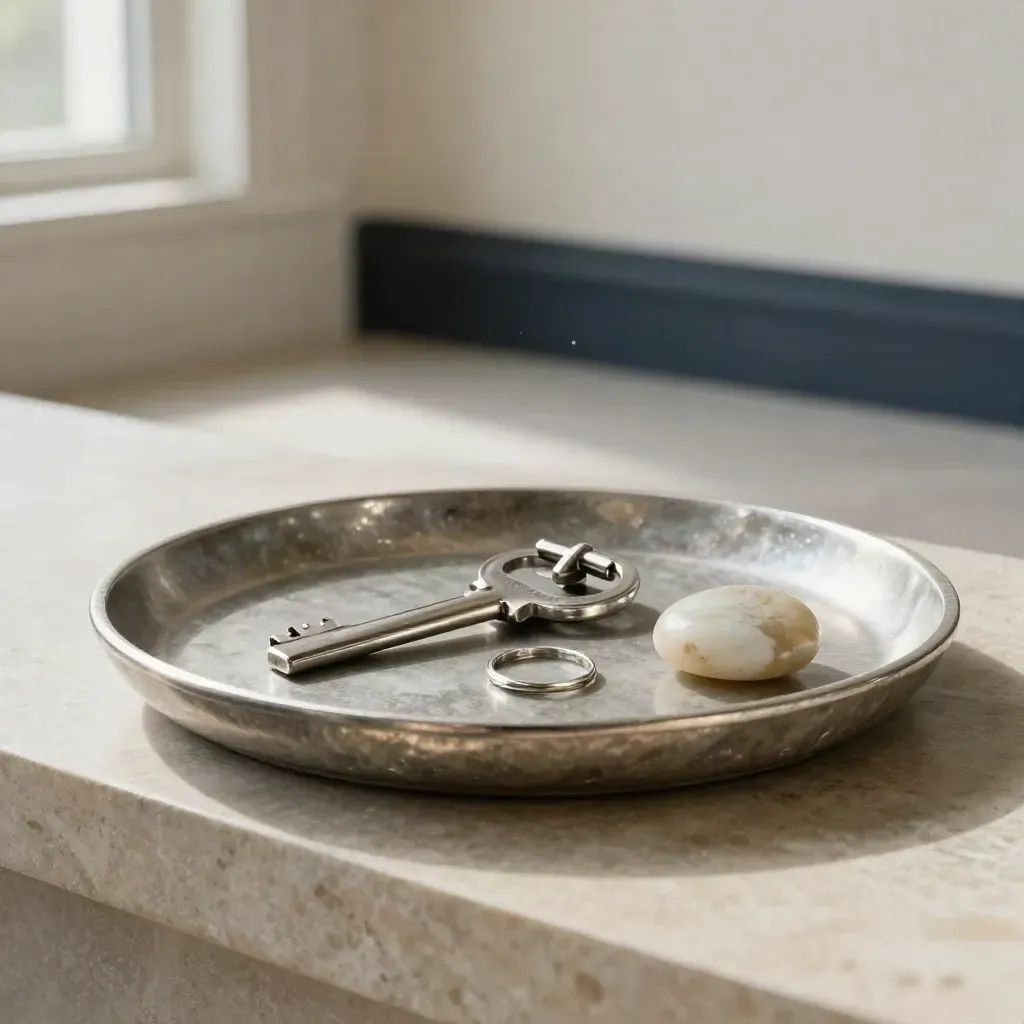 Silver stone key tray with ring, cufflink, and pebble on a limestone hall plinth.