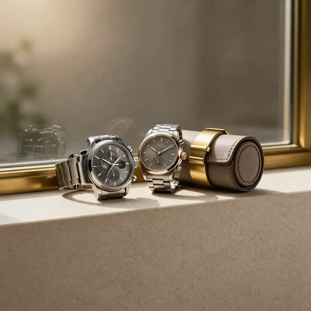 Two luxury watches on a brushed stone ledge with brass detail in soft late-afternoon light.